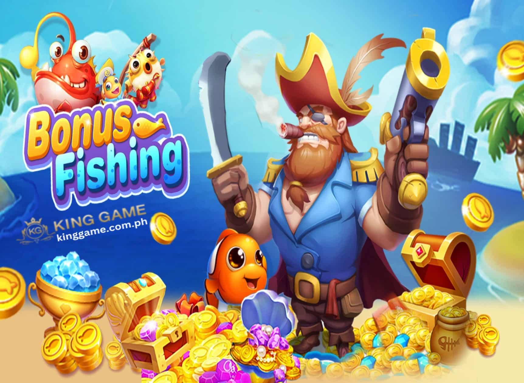 Ang Isang malaking lalaki na nagrerepresentang tagapag laro ng Fishing Game na napakaraming pera at mga isdang nahuli na maya katagang Bonus Fishing.